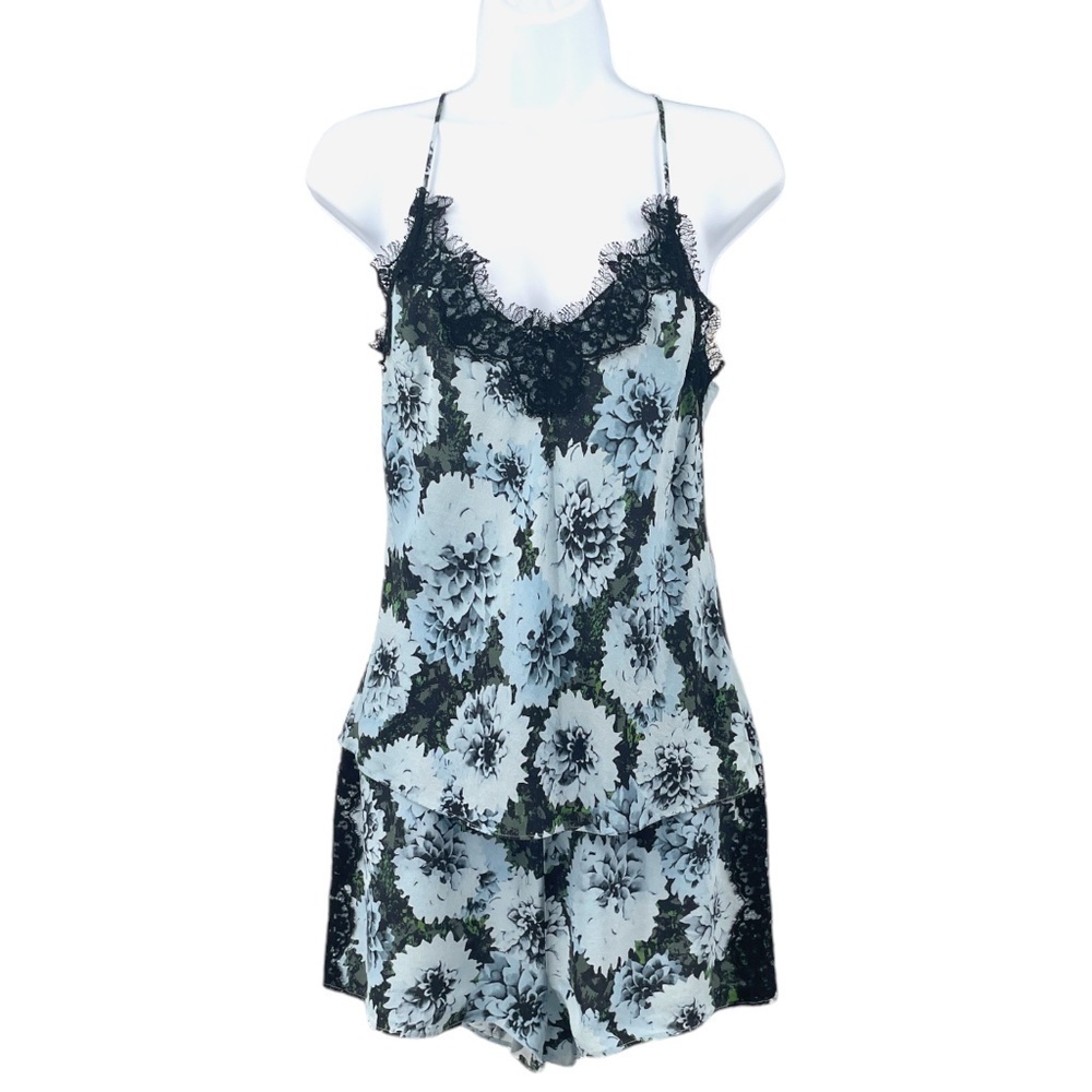 Fleur du Mal Silk Georgette Camisole/PJ Short Set, Blue Floral, Size M - Picture 7 of 7
